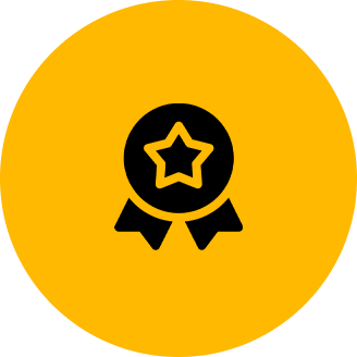 Black medal with a star in the center on a yellow circular background.