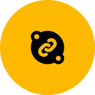 A black interconnected chain link icon inside a black circle on a yellow background.