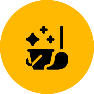 Icon of a mop and bucket with sparkles on a yellow circle, symbolizing cleaning or cleanliness.