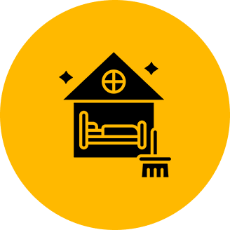 Icon of a house with a bed and a broom inside, on a yellow circle background.