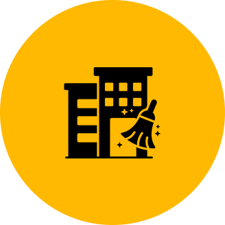 Illustration of buildings with a broom in front, symbolizing cleaning services, on a yellow circular background.