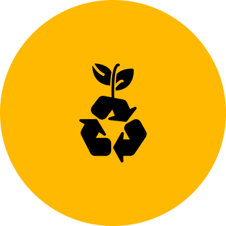 Black recycling symbol with a small plant sprout on a yellow circular background.