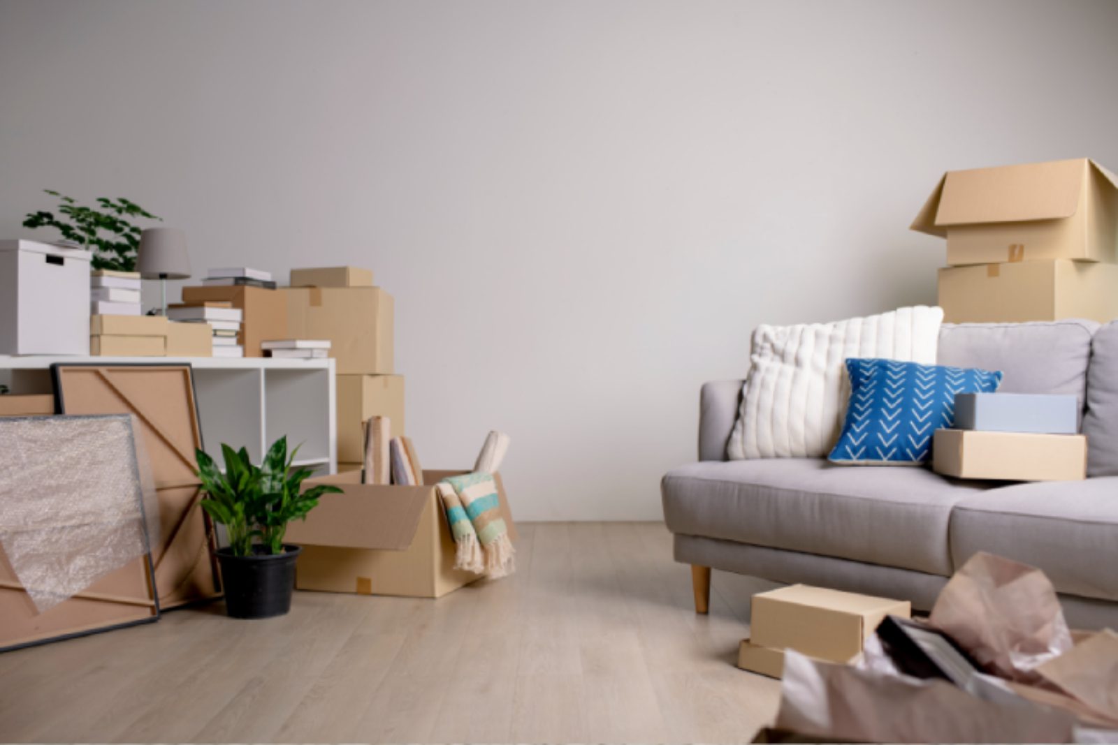 Stacks of cardboard boxes and various items are placed around a light gray sofa with pillows in a room. There is a potted plant and a small shelf with books and boxes nearby.