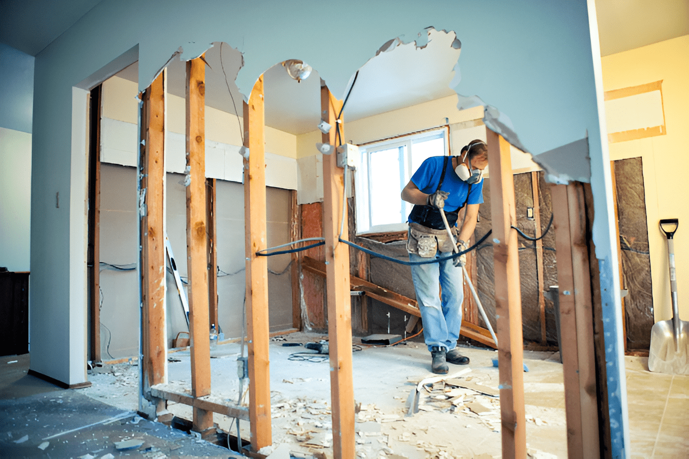 A person wearing a mask and tool belt is demolishing an interior wall in a room under renovation, surrounded by debris.