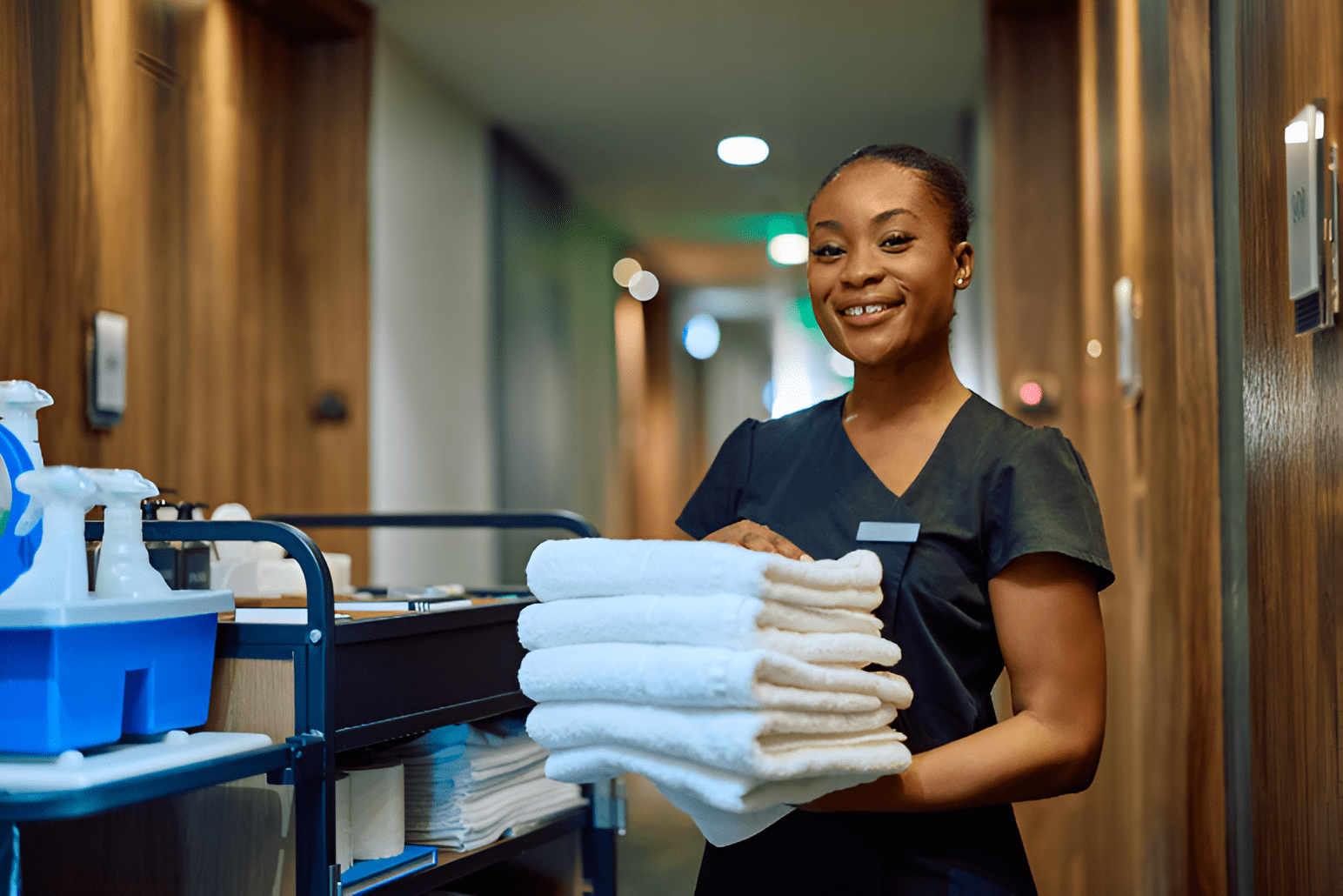 A person in a uniform stands in a hallway, holding folded towels. A cleaning cart with supplies is nearby.