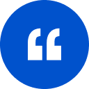 White quote marks in a blue circle on a white background.