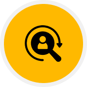 Yellow circular icon with a black silhouette of a person inside a magnifying glass, surrounded by a curved arrow.