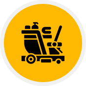 Icon of cleaning supplies cart with bottles, a bucket, and a mop on a yellow circular background.