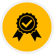 A yellow circle with a black award ribbon icon featuring a checkmark, surrounded by a gray border.