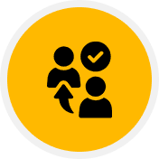 Two human icons with an arrow pointing from one to the other, and a checkmark above, on a yellow circular background.