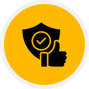 A black shield icon with a check mark and a thumbs-up symbol on a yellow circular background.