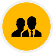 Two silhouetted figures, one in a suit and tie, within a yellow circular background and white border.