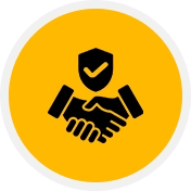 Icon of a handshake with a shield and checkmark above, symbolizing agreement or security, on a yellow background.