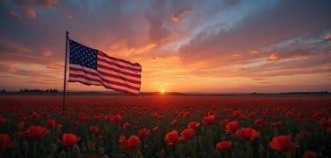 American flag waving over a field of red flowers at sunset.
