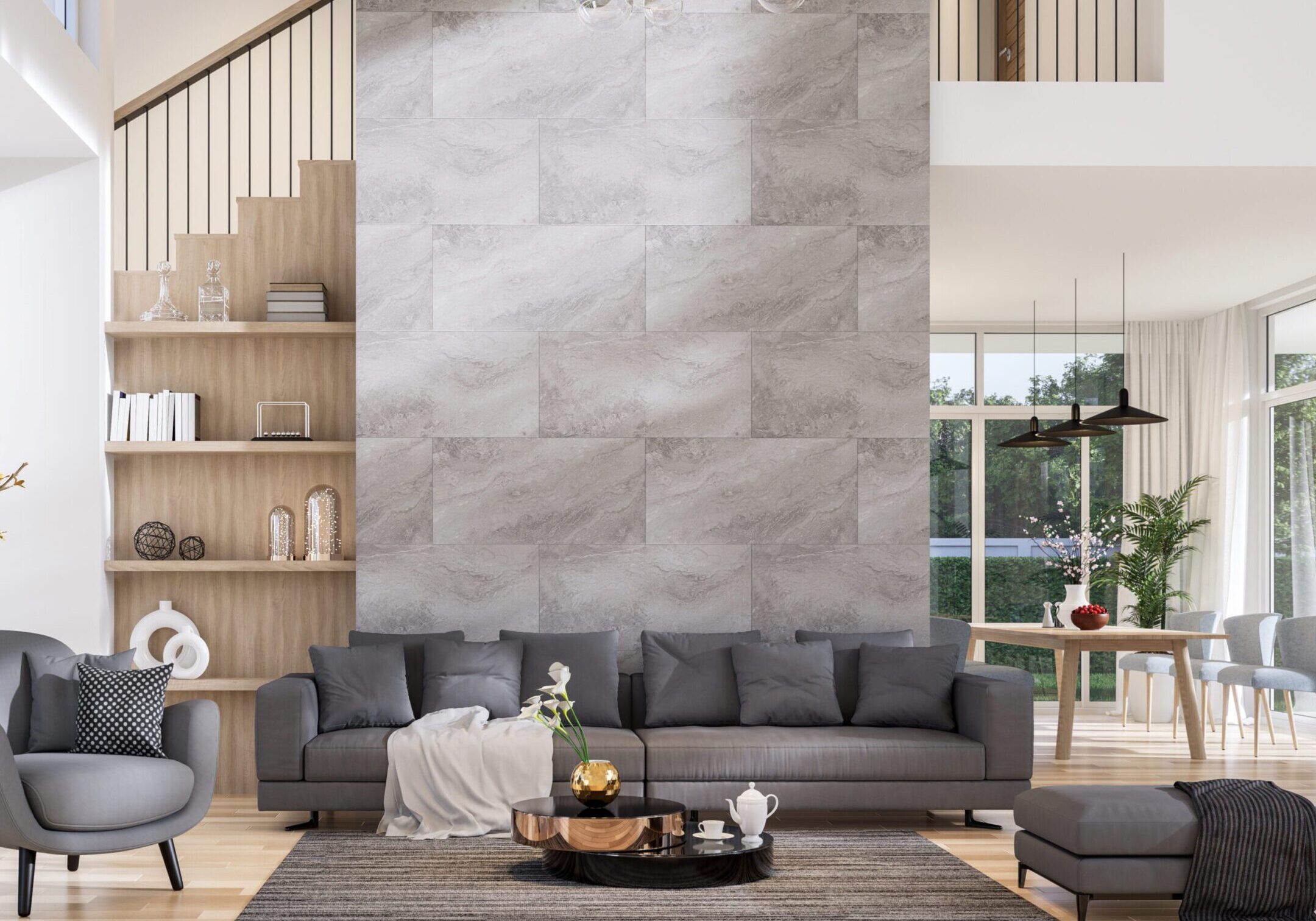 Modern living room with gray sectional sofa and textured wall.